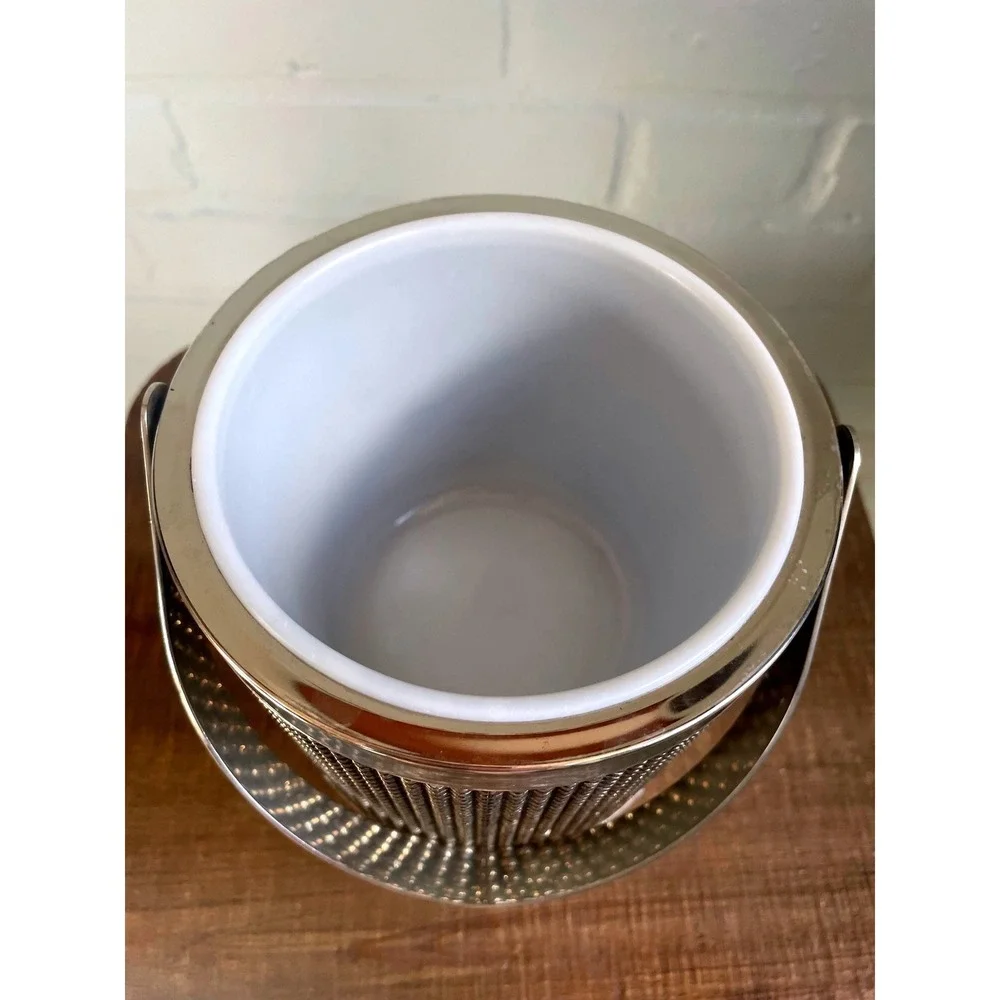 Vintage Silver Tone Beaded Ice Bucket White Insert Handle Barware Cocktail Party